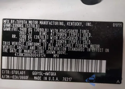 2011 Toyota Venza Base V6 from USA, damaged, VIN 4T3BK3BB6BU049124